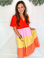 V-Neck Colorblock Tiered Midi Dress