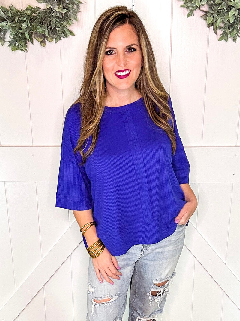 Royal Blue Ribbed Boat Neck Top STEAL