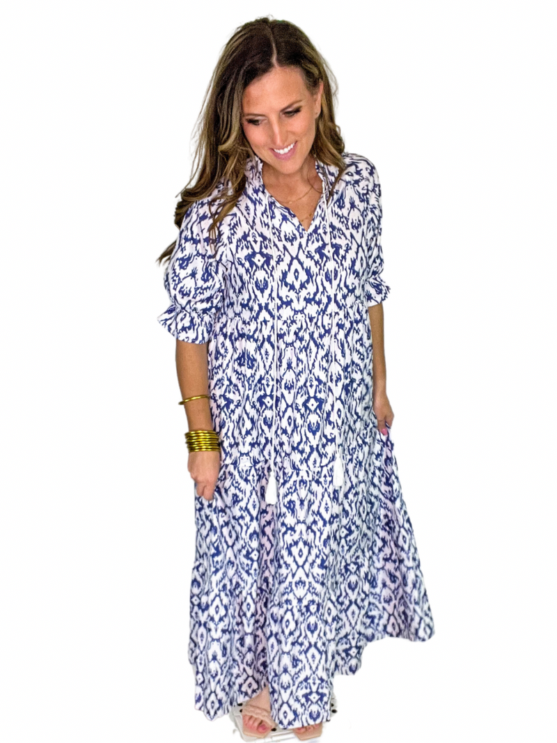 Blue Ikat Print Maxi Dress