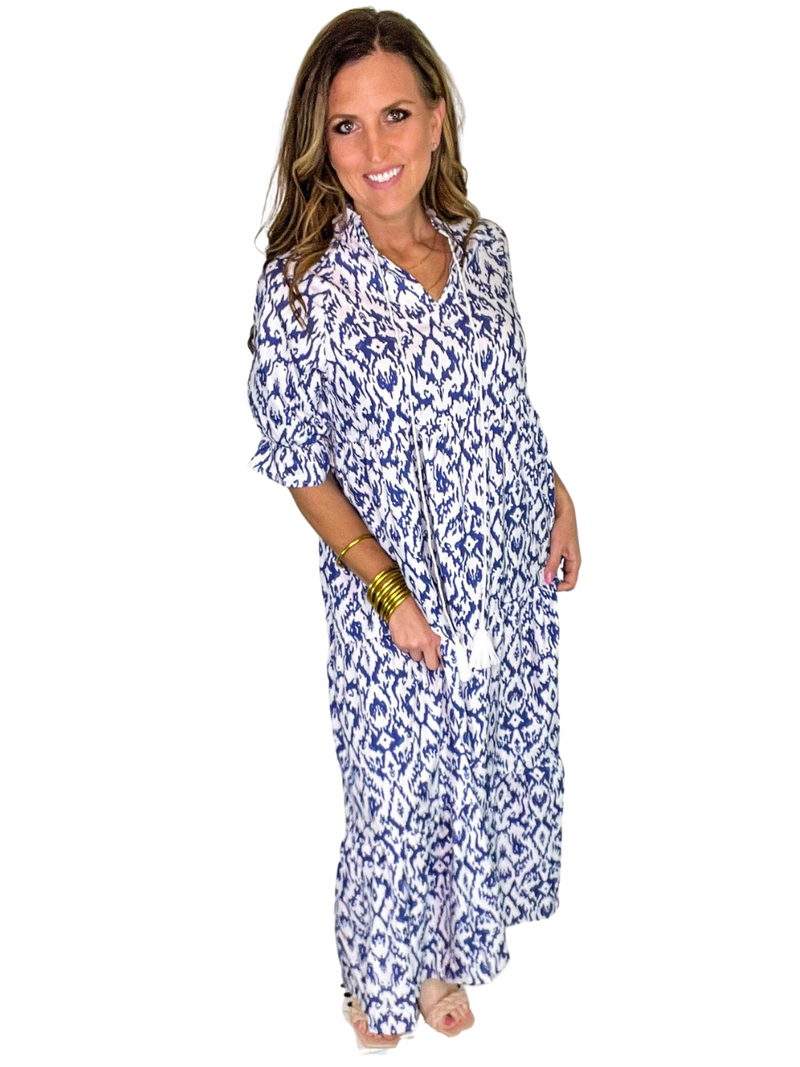 Blue Ikat Print Maxi Dress