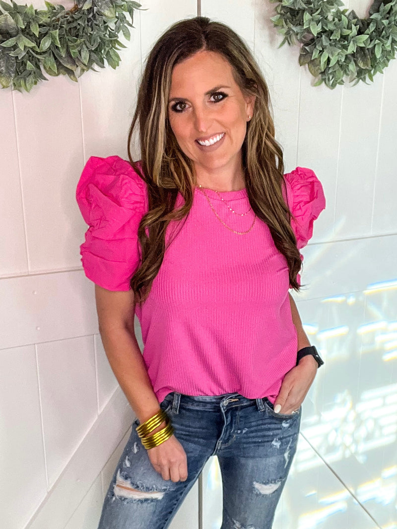 Pink Ribbed Puff Sleeve Top