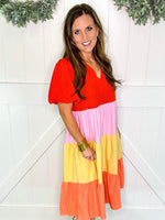 V-Neck Colorblock Tiered Midi Dress