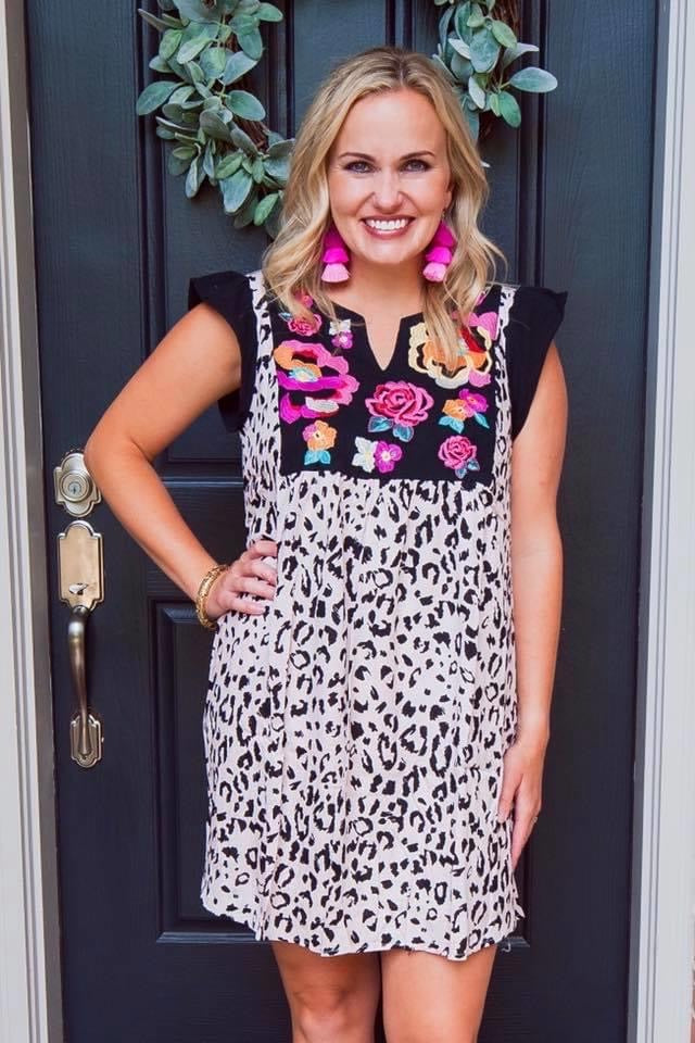 Leopard and Floral Embroidered Dress PREORDER